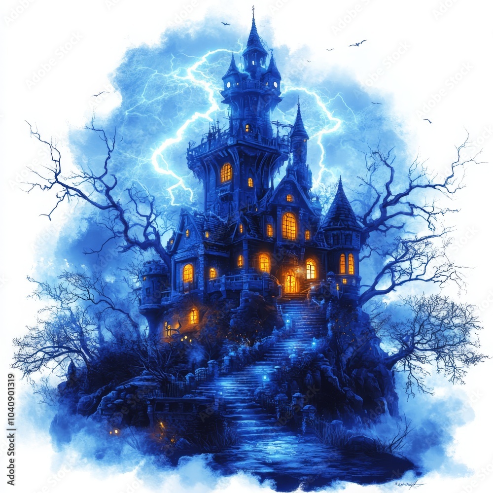 Spooky Castle Under Lightning Sky for Halloween Spooky Castle Under Lightning Sky for Halloween