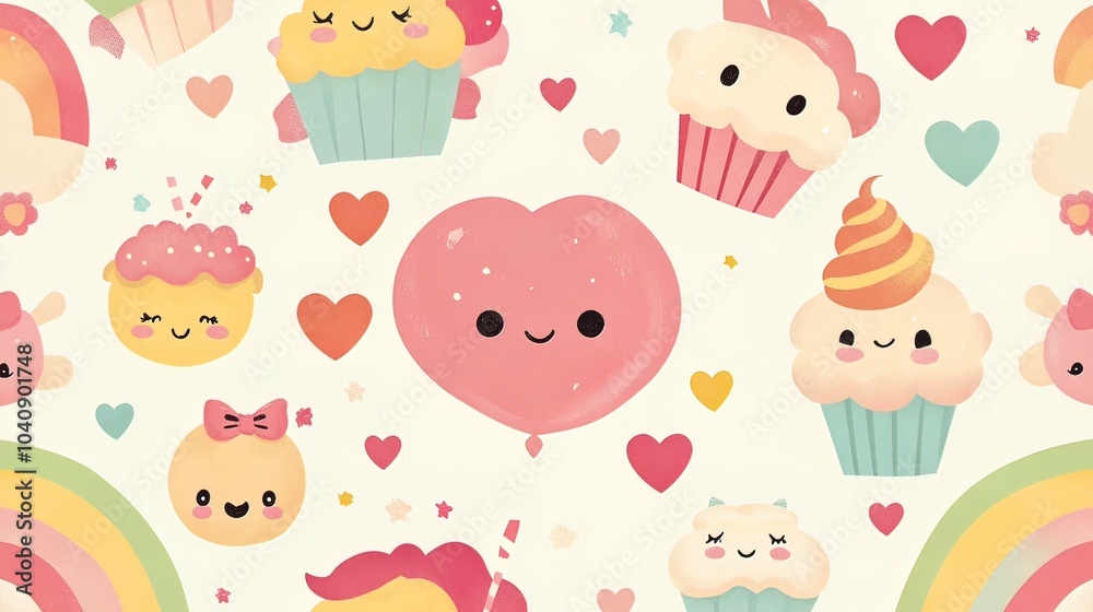 Cute Cupcakes and Hearts Seamless Pattern Cute Cupcakes and Hearts Seamless Pattern