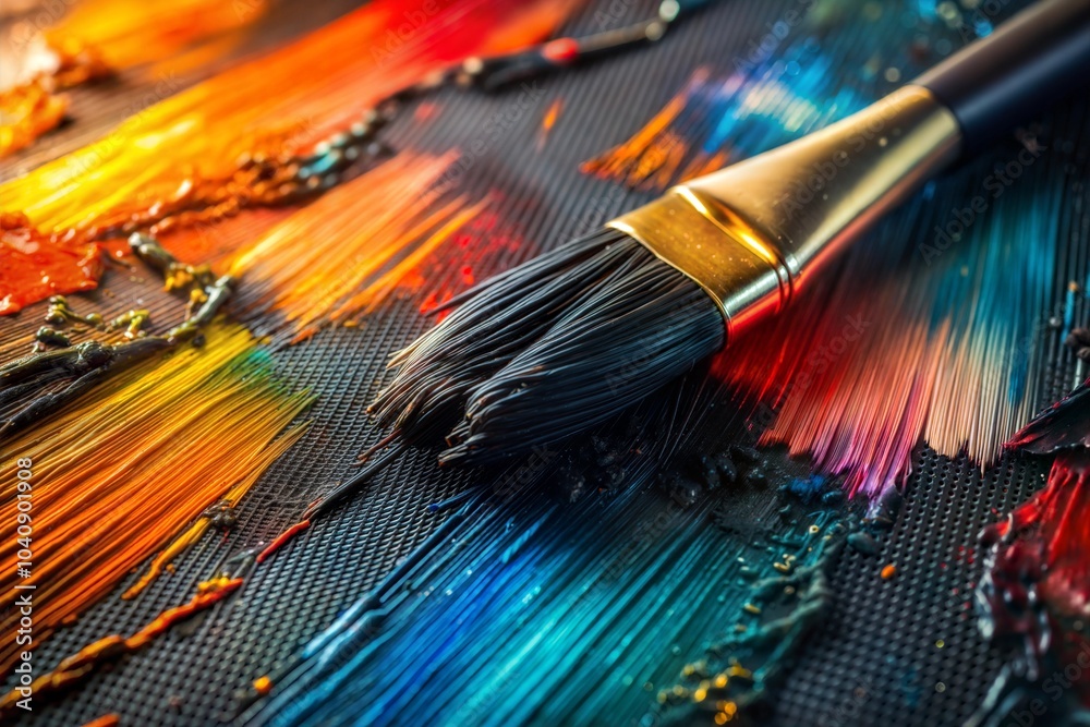 Paintbrush on canvas with vibrant colors and black texture highlights Paintbrush on canvas with vibrant colors and black texture highlights