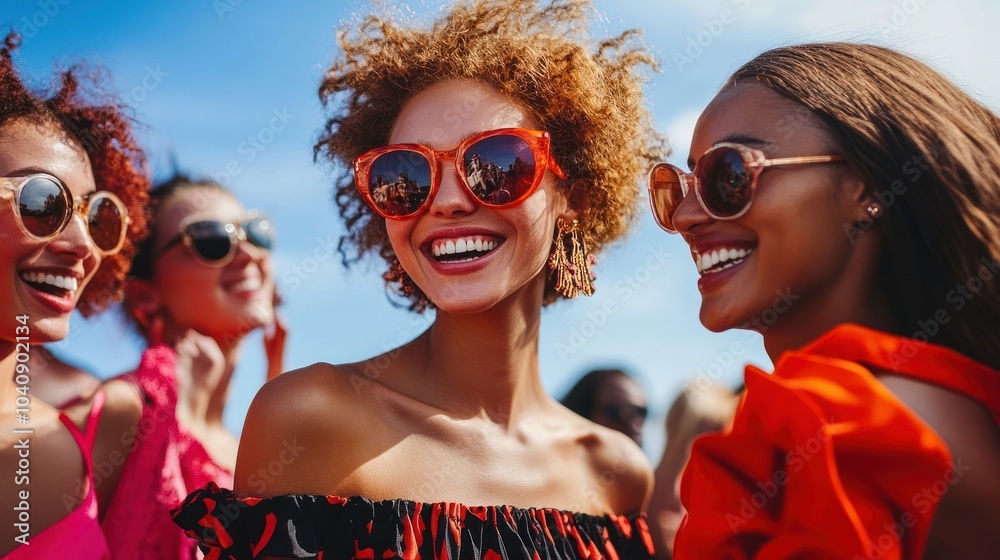 Three young women, wearing sunglasses and smiling, pose for a photo on a sunny day. Three young women, wearing sunglasses and smiling, pose for a photo on a sunny day.