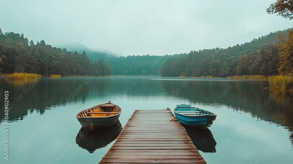 A serene yellow boat moored at a wooden dock on a calm lake surrounded by lush green trees in the early morning light A serene yellow boat moored at a wooden dock on a calm lake surrounded by lush green trees in the early morning light