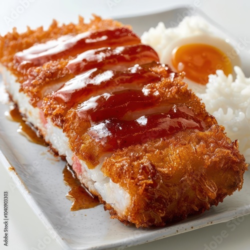 A fish sandwich served with fried eggs, rice, and a sweet sauce in a bowl. photo