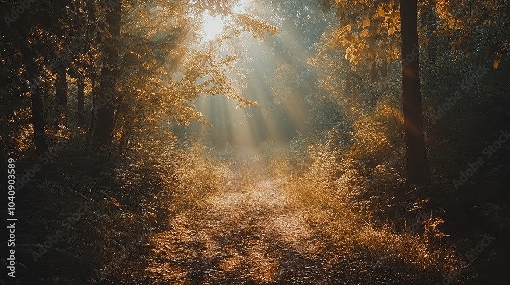 Fototapeta premium Sunlight streaming through trees on a tranquil forest path during a peaceful morning stroll in nature