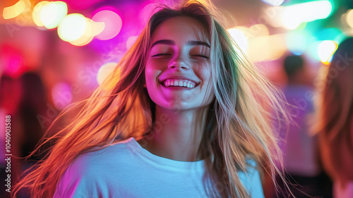 Portrait of a young woman dancing and having fun at a party with colorful lights