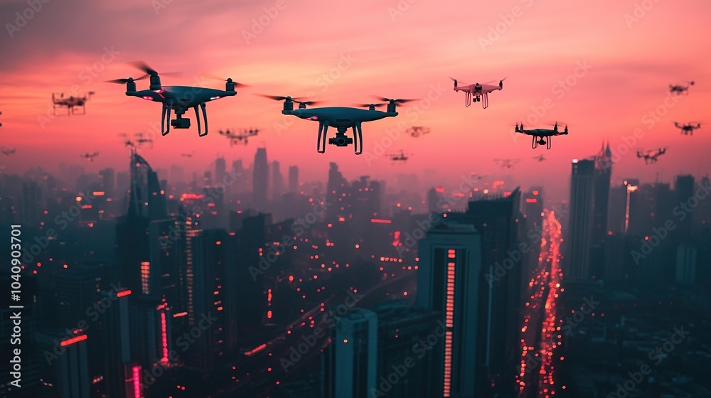 Drones flying over a city skyline during a vibrant sunset, showcasing urban life and technology in harmony Drones flying over a city skyline during a vibrant sunset, showcasing urban life and technology in harmony