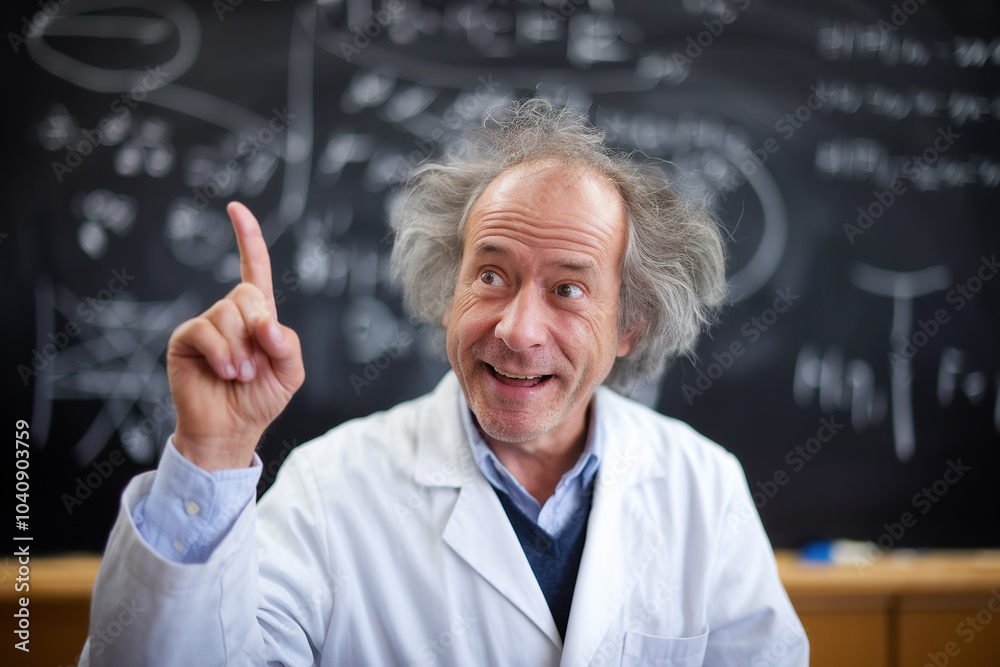 Mad Scientist in lab coat pointing his hand Mad Scientist in lab coat pointing his hand