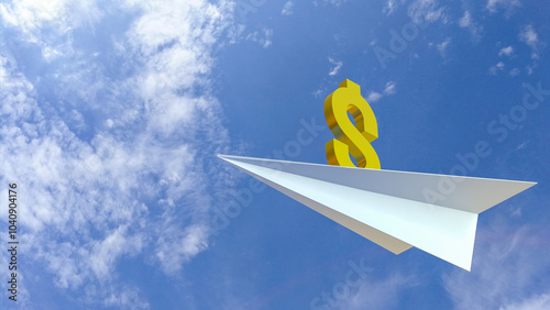 The Gold Dollar symbol  on  paper plane for Business concept 3d rendering..