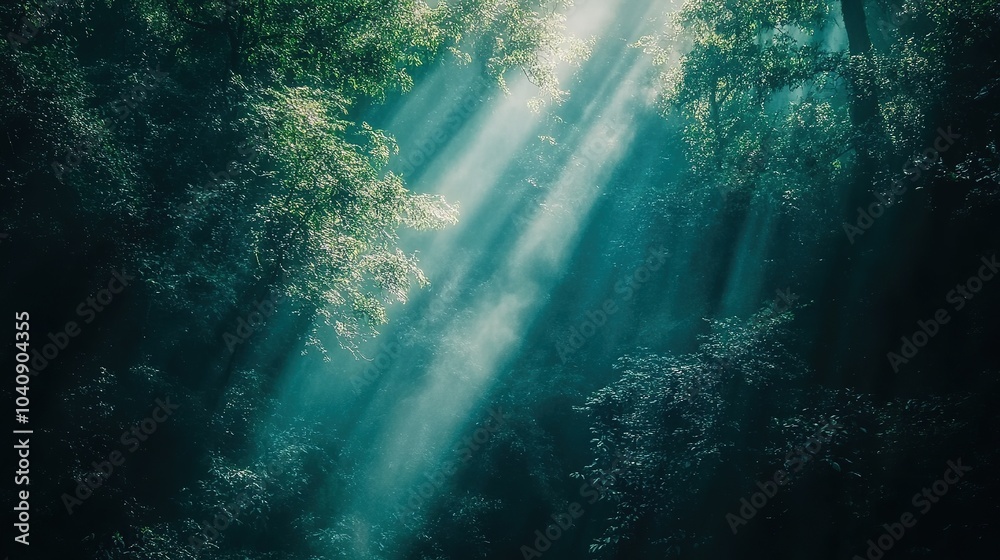 Obraz premium Sunlight filters through the canopy in a serene forest, creating a tranquil atmosphere in the early morning hours