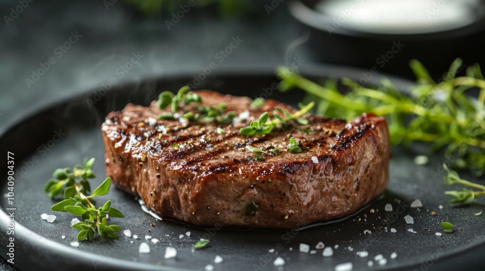 Grilled Steak with Fresh Herbs on Black Plate Grilled Steak with Fresh Herbs on Black Plate