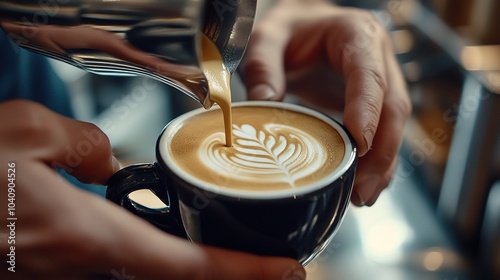 Barista creating latte art with precision in a coffee shop during afternoon hours