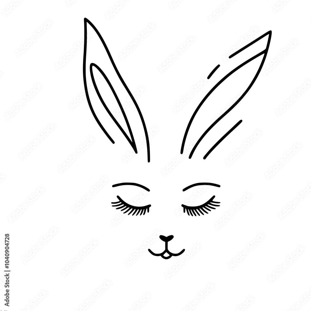 Line vector outline drawing of a face rabbit with closed eyes, long eyelashes and big ears, made in minimalistic style Line vector outline drawing of a face rabbit with closed eyes, long eyelashes and big ears, made in minimalistic style