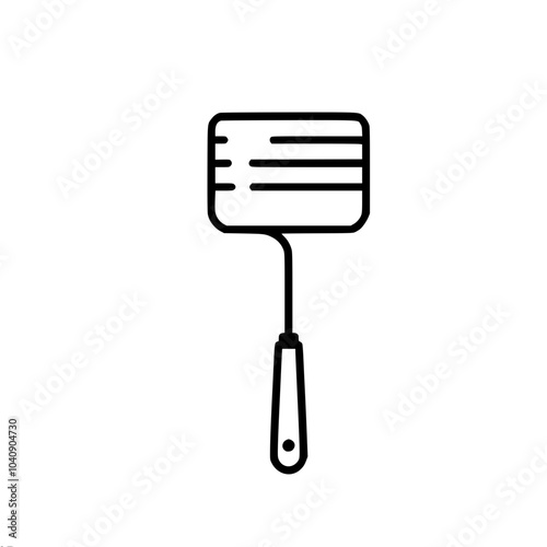 A simple linear vector outline drawing of a cooking spatula with a rectangular head and horizontal slits, done in a minimalist style.