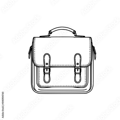 Linear vector outline drawing of a classic bag with a handle and two buckles on the front flap, made in a minimalist style