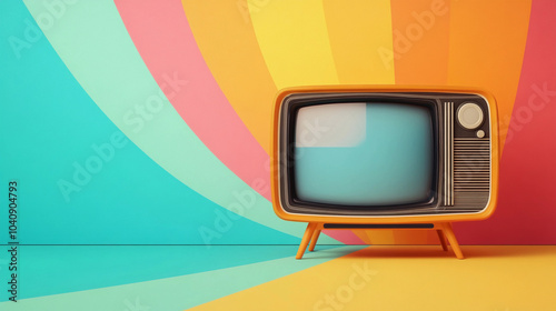 A vintage yellow tv television with blank screen against a vibrant retro colorful striped background