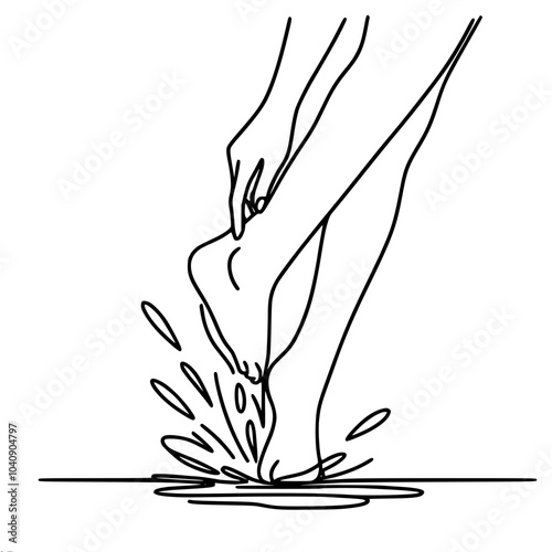 minimalistic contour vector one-line drawing of two barefoot people standing in a puddle barefoot, creating splashes