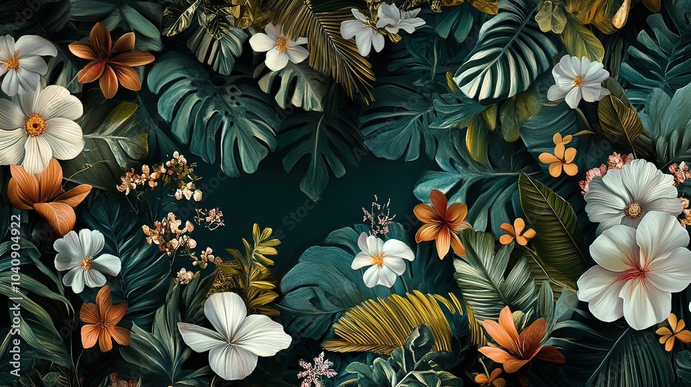 Naklejka premium Tropical Floral Paradise: A Lush Tapestry of Blooms and Foliage