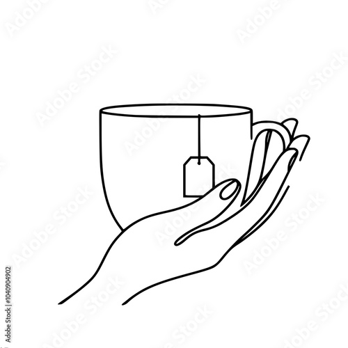 Linear vecton outline drawing of a right hand holding a cup with a tea bag, done in a minimalist style