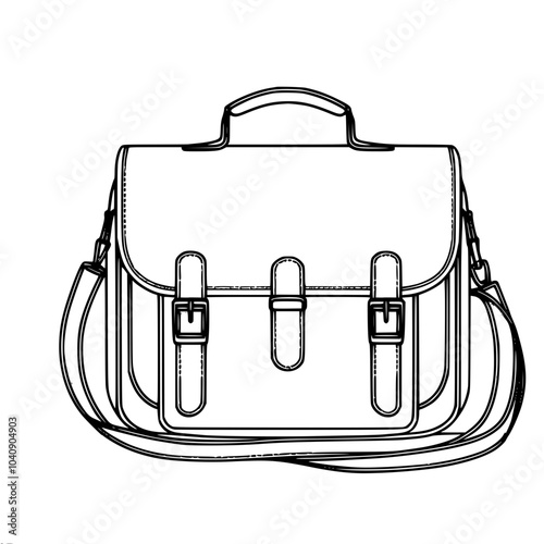 Linear vector outline drawing of a classic bag with a handle and a long strap, decorated with buckles and stitches, made in a minimalist style