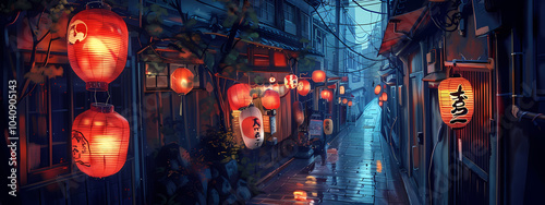 A serene evening scene featuring vibrant red lanterns illuminating a quiet alleyway, reflecting the charm of traditional architecture.