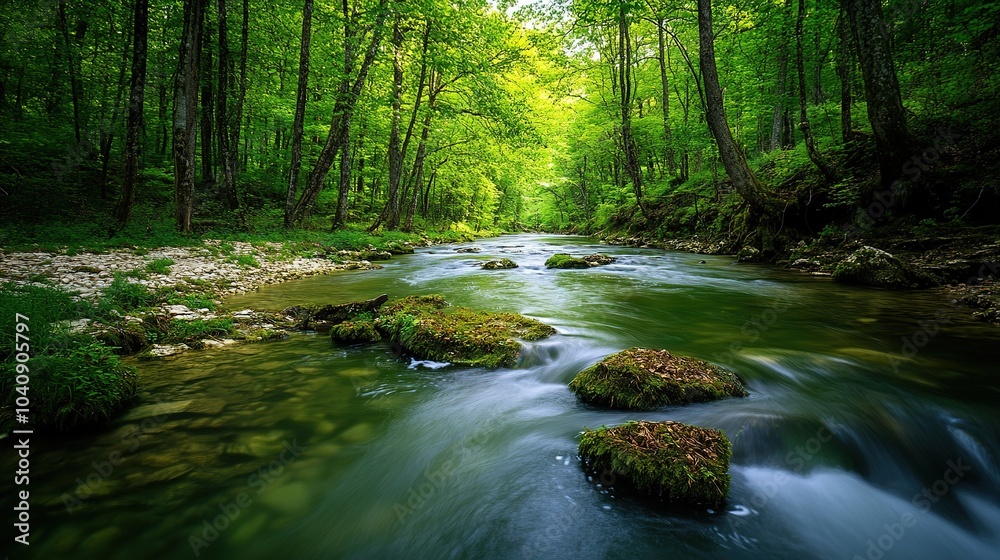 Aerial view of a tranquil river winding through lush green forest in a remote natural setting during midday Aerial view of a tranquil river winding through lush green forest in a remote natural setting during midday