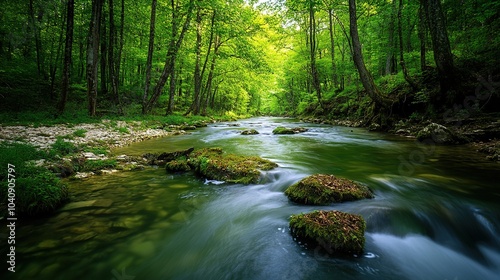 Aerial view of a tranquil river winding through lush green forest in a remote natural setting during midday