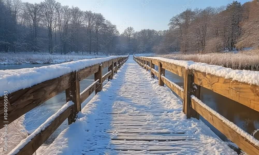 A serene winter scene featuring a snow-covered bridge leading into a tranquil landscape. A serene winter scene featuring a snow-covered bridge leading into a tranquil landscape.