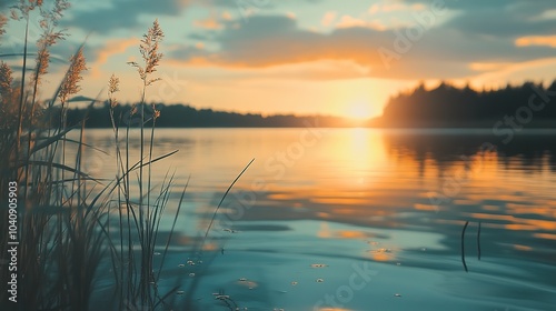 Serene sunset over a tranquil lake surrounded by lush greenery in a peaceful natural setting