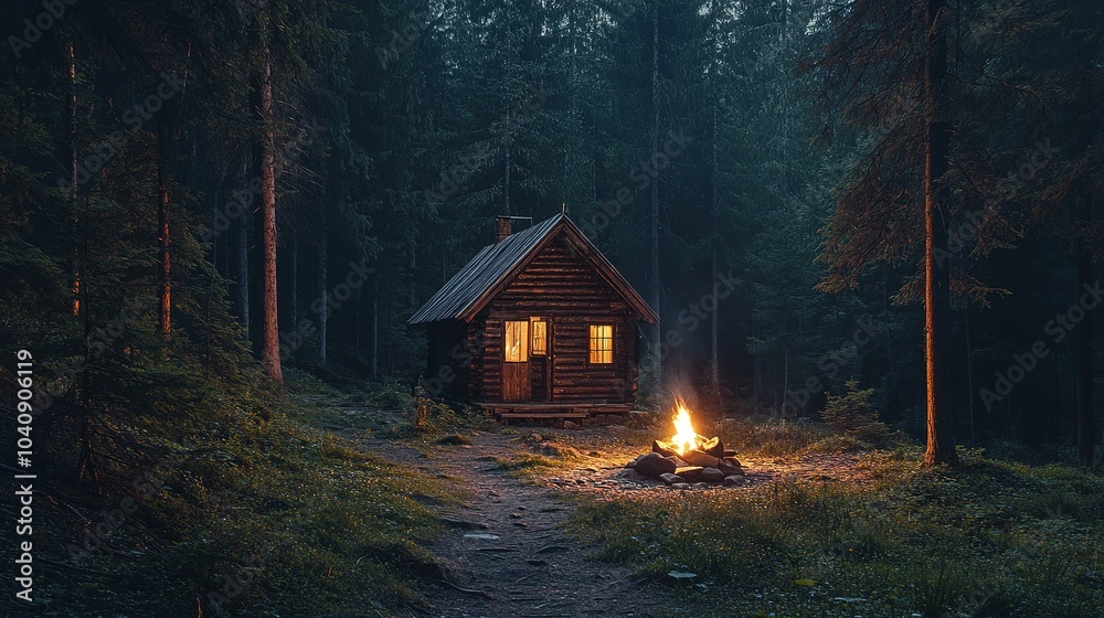 A cozy cabin surrounded by a tranquil forest at night with a glowing campfire nearby A cozy cabin surrounded by a tranquil forest at night with a glowing campfire nearby