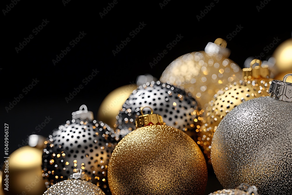 custom made wallpaper toronto digitalA close-up of gold and silver metallic Christmas ornaments made from high-quality materials, reflecting warm holiday lights, with an isolated black background, ample space for text