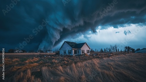 Super Cyclone or Tornado forming destruction over a populated landscape with a home or house on the way. Severe hurricane storm weather clouds