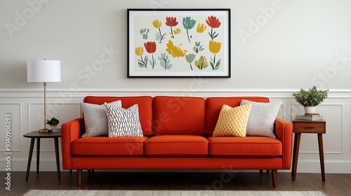 Midcentury modern living room with a sleek orange sofa, tapered legs, and retro art, vintage midcentury modern living room, bold retro design photo