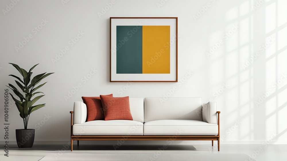Fototapeta premium Midcentury modern living room with a lowprofile sofa, teak wood furniture, and abstract art, vintage midcentury living room, retro minimalism