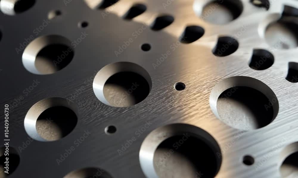 Close-up of a metallic surface with circular holes and a brushed finish. Close-up of a metallic surface with circular holes and a brushed finish.