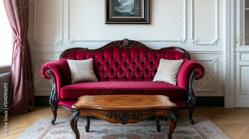 Victorianinspired living room with a velvet settee, ornate wooden coffee table, and rich drapery, vintage Victorian living room, grand and elegant photo