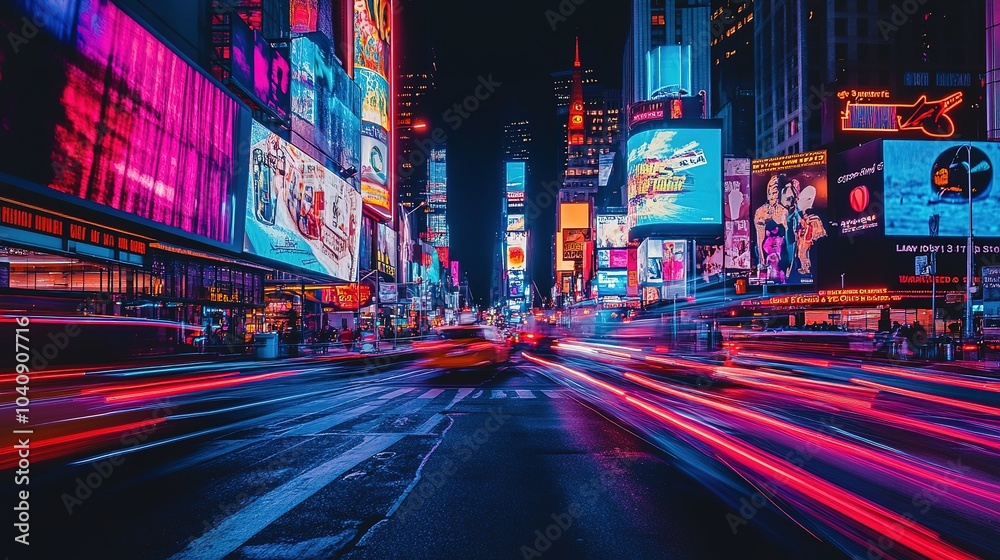 Fototapeta premium Vibrant evening with bright billboards and busy traffic under night sky