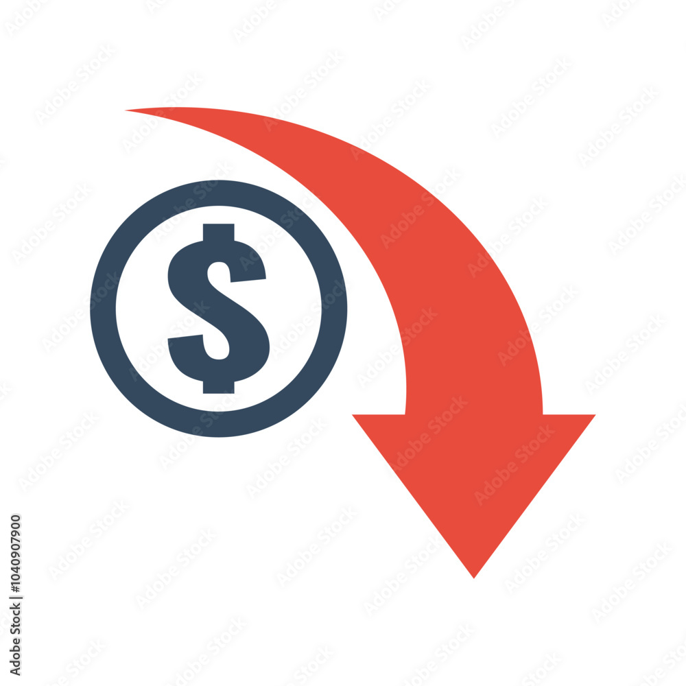 dollar coin with red exponential down arrow, economic falling indicator, stock exchange market negative trend, decreased income pictogram dollar coin with red exponential down arrow, economic falling indicator, stock exchange market negative trend, decreased income pictogram