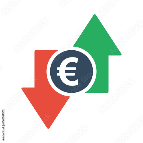 euro coin with green up and red down arrows, tax or inflation indicator, price or income vector icon