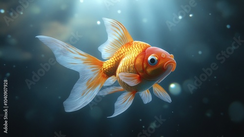 A single goldfish swims in a dark blue tank with light shining down from above.