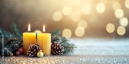 A candle is lit on a table with pine cones and other decorations. The candles are yellow and are placed on top of a table