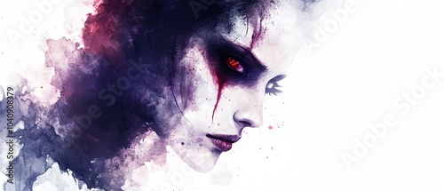 A woman with red eyes and blood dripping from her face. A woman with a demonic appearance