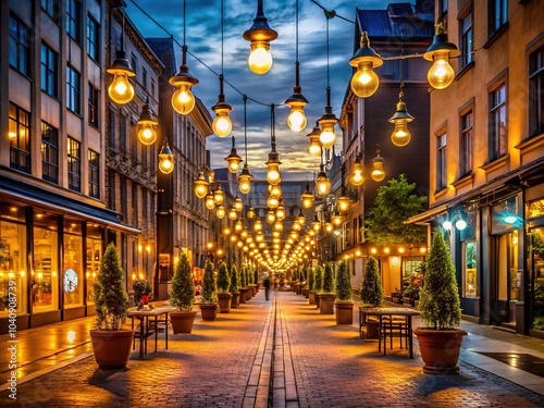 Discover urban beauty through suspended lights and captivating photography.