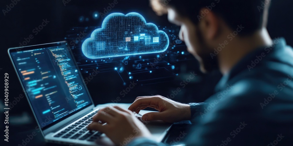 Fototapeta premium A man working on a laptop with a floating cloud computing diagram, symbolizing data storage, internet services, and networking technology.