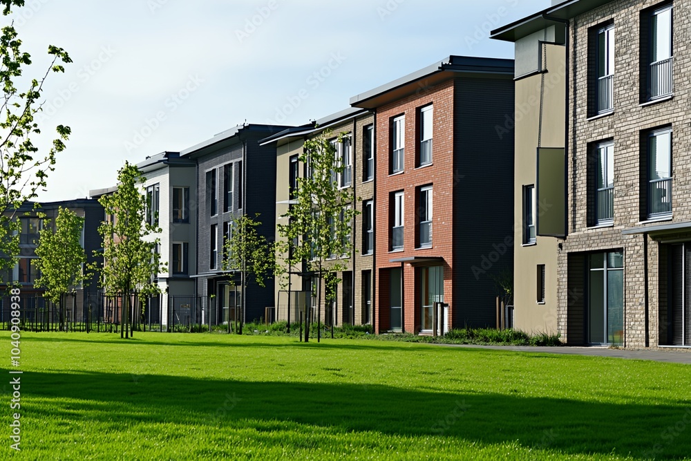 A row of houses with a green lawn in front of them. The houses are all different colors and sizes A row of houses with a green lawn in front of them. The houses are all different colors and sizes