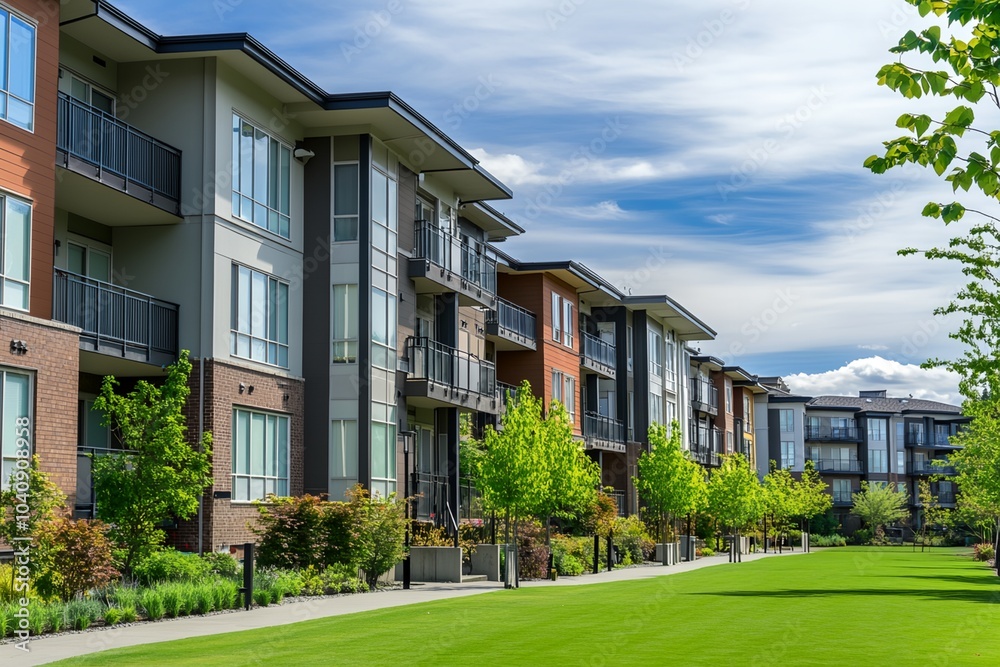 A row of apartment buildings with a green park in between. The buildings are tall and have balconies. The park is lush and green, with trees lining the walkway. The sky is clear and blue A row of apartment buildings with a green park in between. The buildings are tall and have balconies. The park is lush and green, with trees lining the walkway. The sky is clear and blue