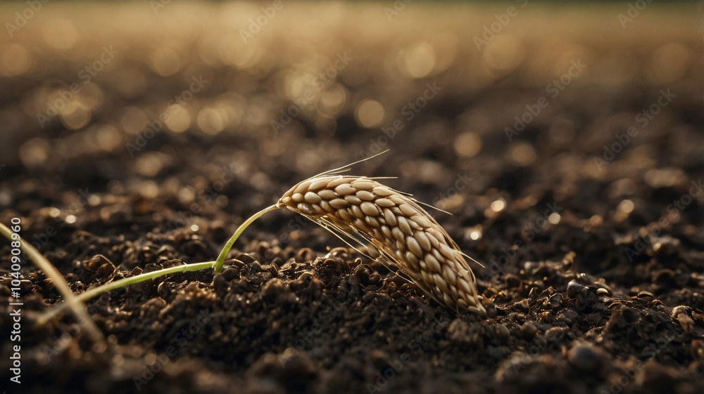 Obraz premium Golden wheat grain emerging from rich soil during sunset in a tranquil agricultural field