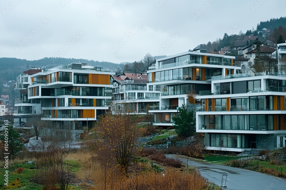 A row of tall buildings with a green area in between. The buildings are white and have brown trim. The sky is cloudy and the buildings are on a hill A row of tall buildings with a green area in between. The buildings are white and have brown trim. The sky is cloudy and the buildings are on a hill