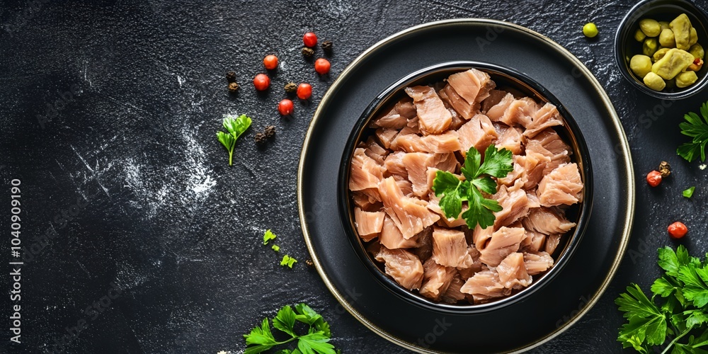 A bowl of meat with parsley on top. The bowl is on a black plate. There are some spices on the table A bowl of meat with parsley on top. The bowl is on a black plate. There are some spices on the table