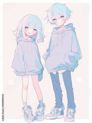 Charming Anime-Style Boy and Girl in Light Blue Hoodies with Happy Expressions, Full-Body Portrait