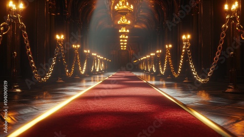 An opulent setting for a red carpet event with gleaming gold chains and dramatic spotlights, showcasing an empty walkway full of anticipation for celebrity arrivals