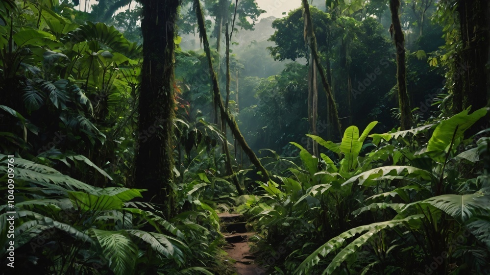 Lush green rainforest trail surrounded by dense vegetation in the early morning light Lush green rainforest trail surrounded by dense vegetation in the early morning light